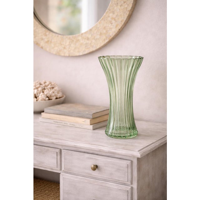 Contemporary Vintage Fluted Green Glass Vase – Ribbed Coastal Art Glass, 9” Scalloped Rim For Sale - Image 3 of 6