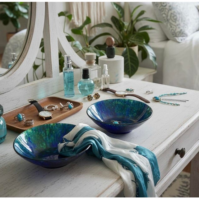 Ceramic Vintage Stangl Coastal Art Pottery Mediterranean Blue Green Bowls - Pair For Sale - Image 7 of 12