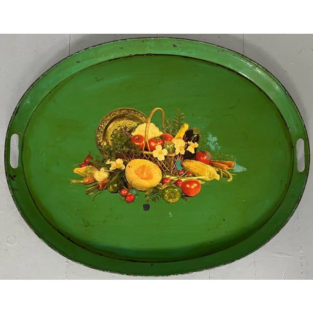 Antique 19th Century French Tole Serving Tray With Mid-Century Decal For Sale - Image 4 of 12