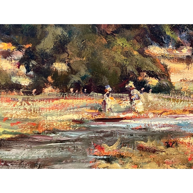 Vintage Impressionist English River Landscape Painting with Flowers & Figures 1985 For Sale - Image 15 of 16