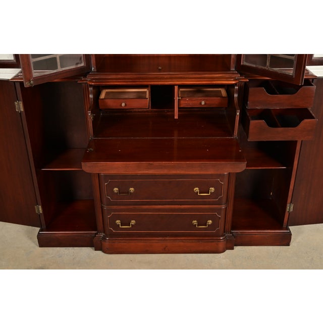 Wood Baker Furniture Style Georgian Banded Mahogany Breakfront Bookcase Cabinet With Drop Front Secretary Desk For Sale - Image 7 of 15