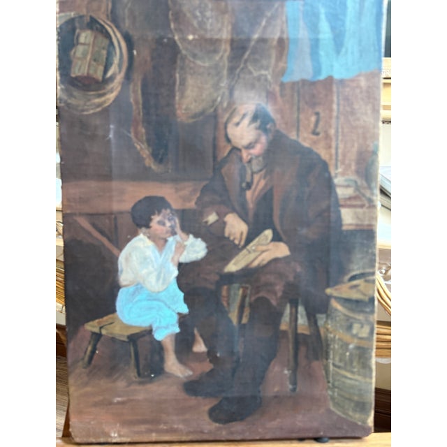 Charming antique oil-on-canvas genre painting depicting an older craftsman seated beside a young child in a rustic...