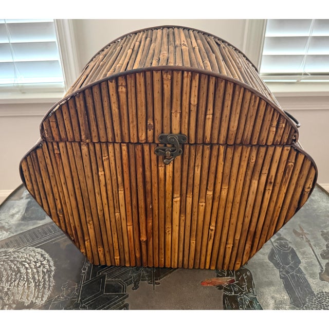 Large Split Reed Bamboo Box With Brass Rings For Sale - Image 4 of 8