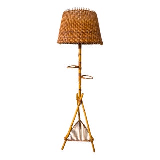 Vintage French Riviera Rattan Floor Lamp with Woven Shade in the style of Audoux-Minet, 1960 For Sale