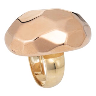 1980s Large 14k Faceted Cocktail Ring Estate Two Tone Yellow Rose Gold Size 7 Oval For Sale