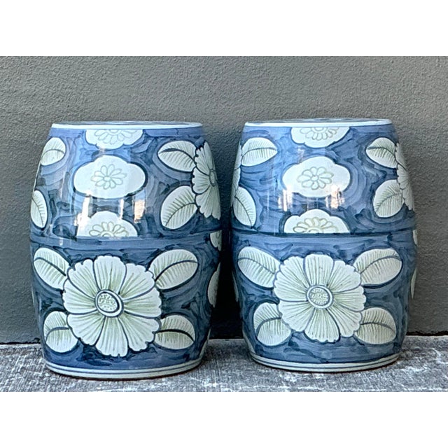 Vintage Glazed Ceramic Floral Garden Stools - A Pair For Sale - Image 9 of 12