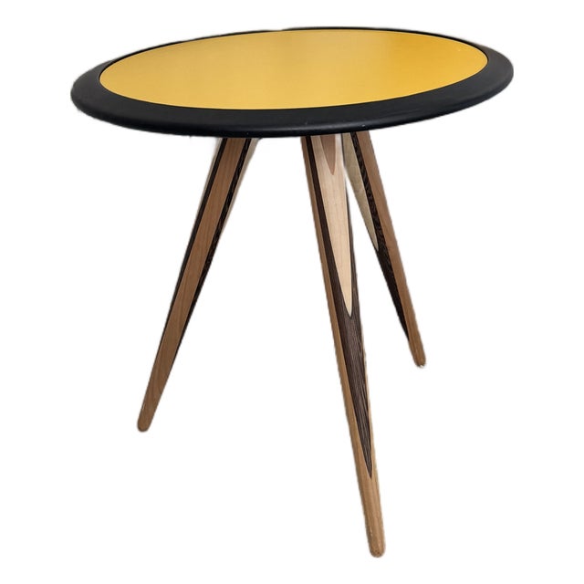 Morelato Carambola Side Table Italian Modern Design Multilayer Wood Inlay Legs Yellow Lacquer Top For Sale