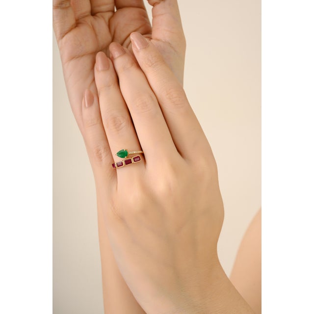 14k Gold Natural 1.59 Ct Ruby Emerald Birthstone Duet Modern Bypass Ring Size 5.5 For Sale - Image 4 of 14