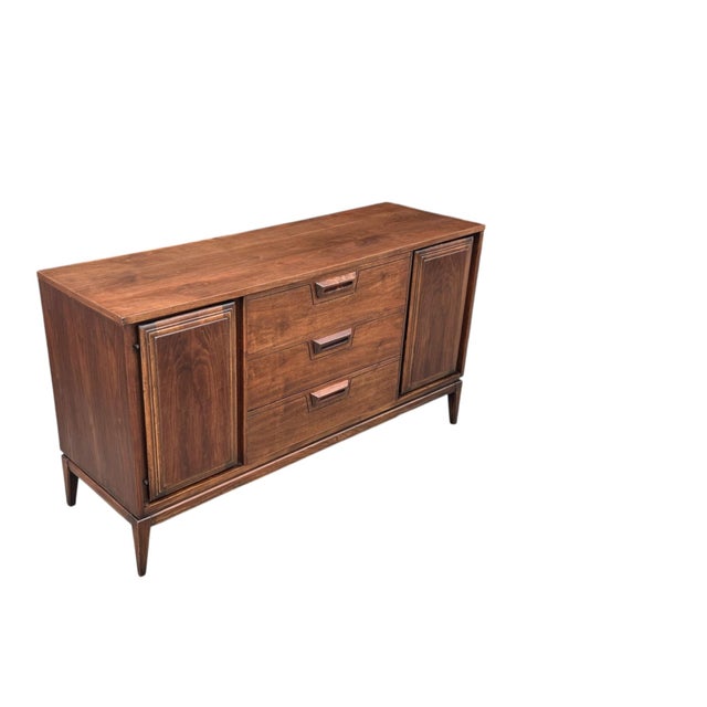 Mid-Century Modern Walnut Buffet With Sculpted Drawer Pulls- Restored For Sale - Image 10 of 13
