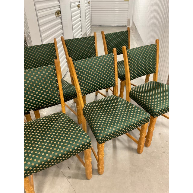 Green Set of 8 Danish Modern Oak Dining Chairs in Patterned Silk - Circa 1960s For Sale - Image 8 of 18