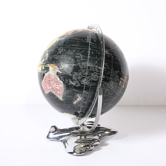 Metal Art Deco Aviation Globe on Sculptural Airplane Base in Chrome For Sale - Image 7 of 14