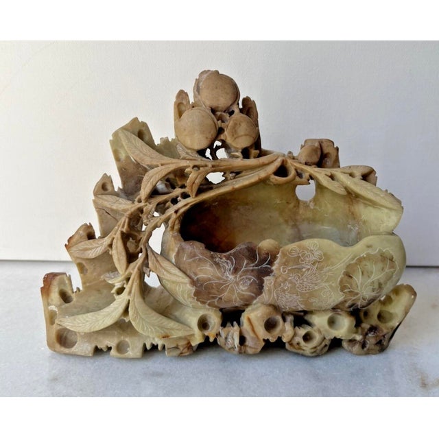 Vintage Chinese Hand-Carved Soapstone Brush Pot and Inkwell Featuring Intricate Openwork Foliage and Fruit Accents For Sale - Image 12 of 13