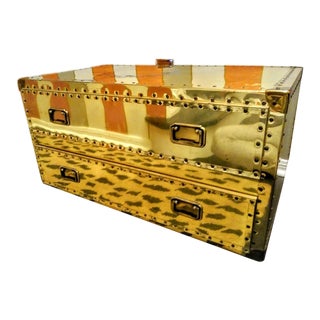 Large Brass Sarried Ltd Style Hollywood Regency 2 Drawer Truck Table Chest For Sale