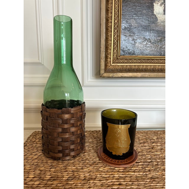 Vintage 13.5” Mid-Century Italian Emerald Green Glass Carafe With Fitted Woven Sleeve For Sale - Image 11 of 15
