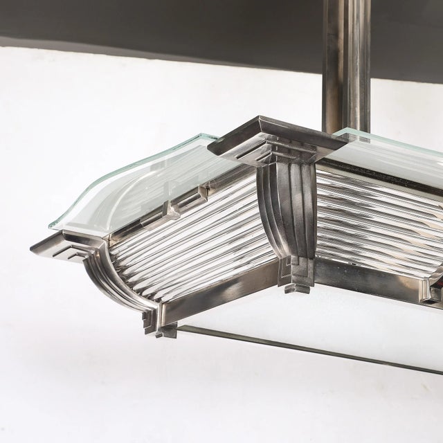 Art Deco Machine Age Silvered Bronze & Frosted Glass Chandelier Signed Petitot For Sale - Image 14 of 18