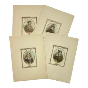 Antique Hand Colored Portrait Etchings by DuVal - Set of Four