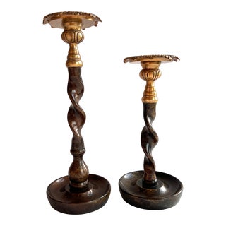 Pair of Vintage Maitland-Smith Bronze & Brass Barley Twist Pillar/Tapered Candle Sticks Holders For Sale