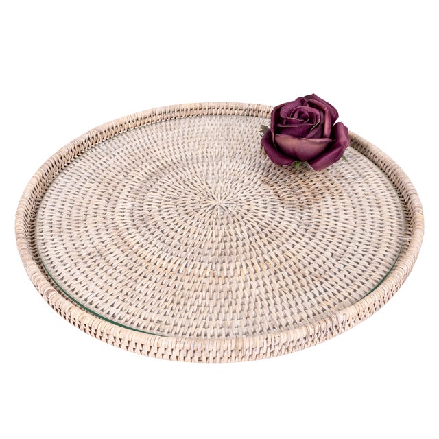 Artifacts Rattan 16" Round Serving Tray, White Wash with Glass Insert For Sale In Houston - Image 6 of 12