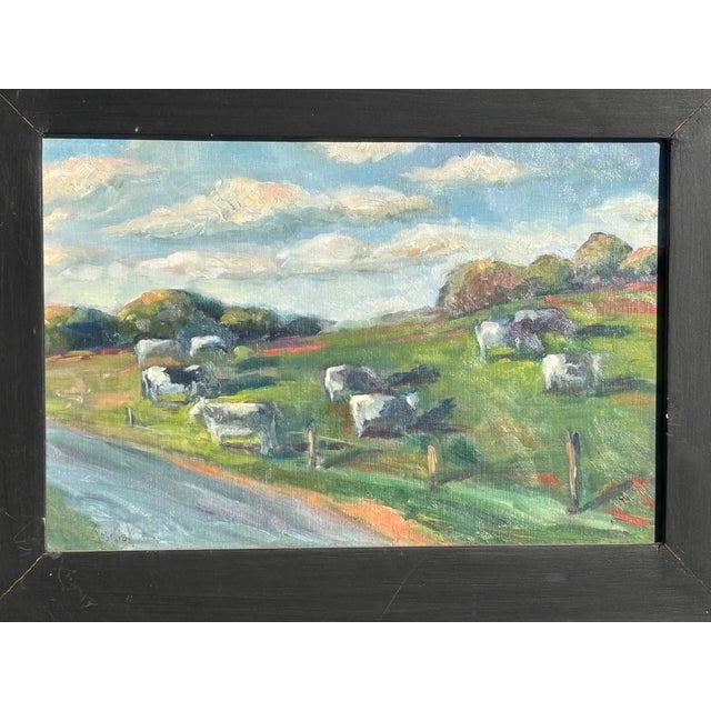 Mid 20th C. original oil on board farm scene. Black and white dairy cows grazing on a hillside. Presents as Virginia or...
