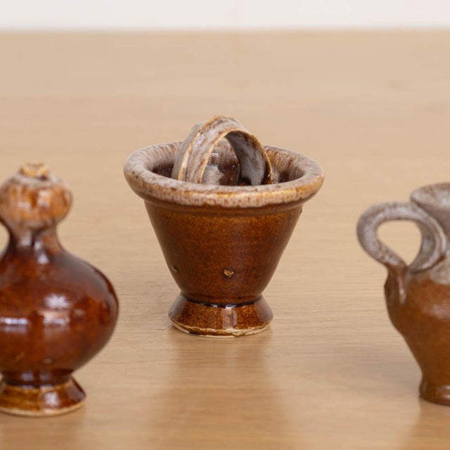 Brown 1950s Set of 6 French Glazed Ceramic Miniature Vases For Sale - Image 8 of 10