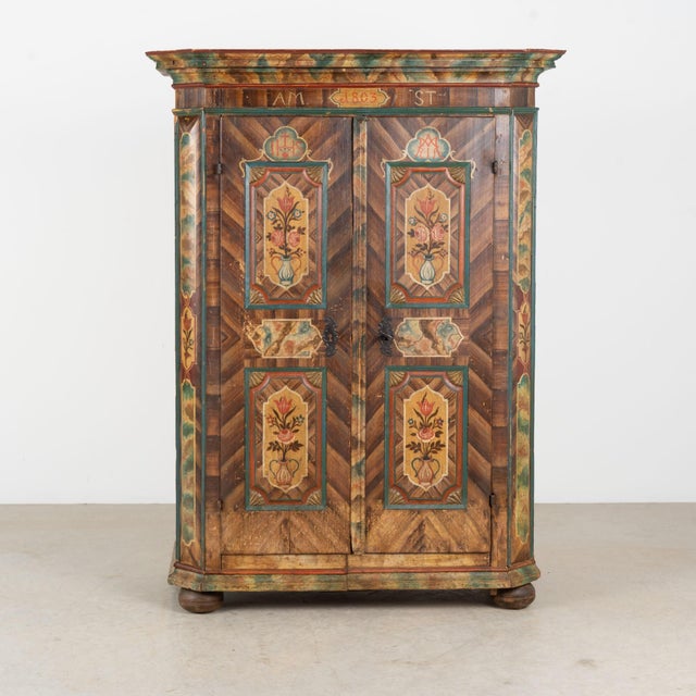 Folk Art 1803 Hungarian Original Hand-Painted Pine Two-Door Armoire For Sale - Image 3 of 14