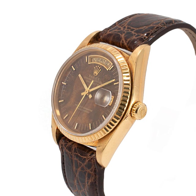 Rolex Vintage Rolex Day Date 36mm 18038 Spanish Wood Dial Brown Leather 18k Gold Watch For Sale - Image 4 of 10
