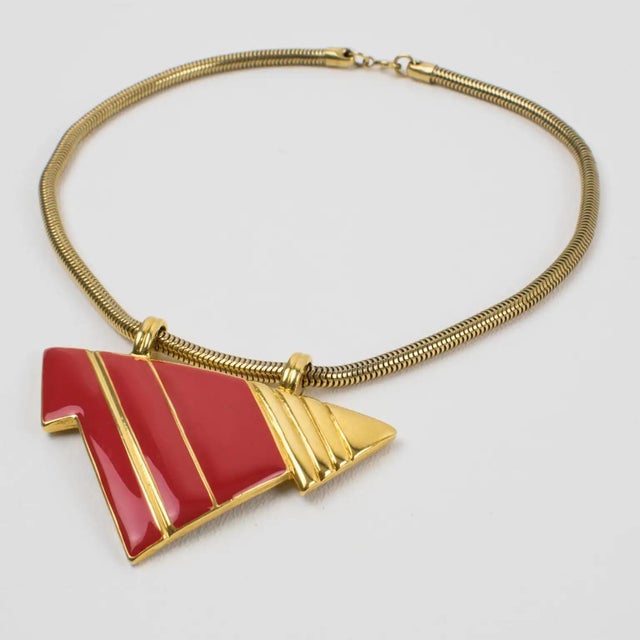 1980s Lanvin Gilded Serpentine Chain Necklace with Enamel Medallion For Sale - Image 5 of 10