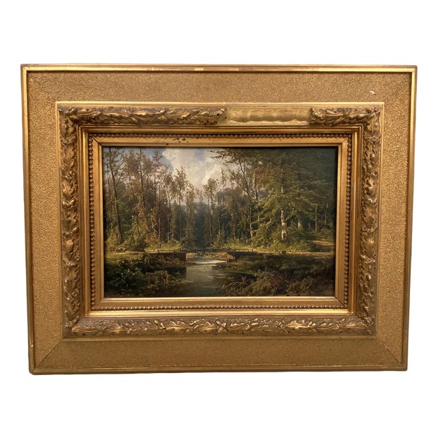 Cölestin Brügner, Miniature Park Bridge over Woodland Stream, 19th Century, Oil Painting, Framed For Sale