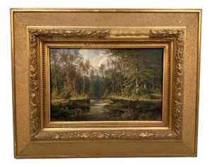 Cölestin Brügner, Miniature Park Bridge over Woodland Stream, 19th Century, Oil Painting, Framed