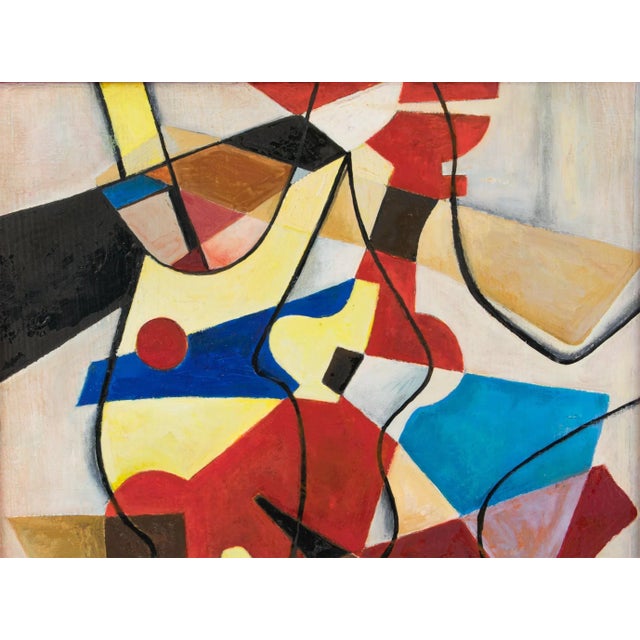 Wood Multicolor Abstract Cubist Oil Painting with Monogram Signature MJ For Sale - Image 7 of 11