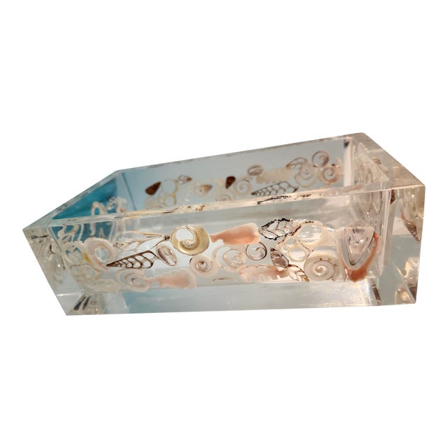 Vintage Thick Lucite Shell Encrusted Tissue Holder For Sale