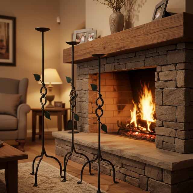 Rustic Hand Forged Iron Candelabra Set of 3 (80-100cm) Antique Copper Finish Sculpted Twist & Leaf Floor Set For Sale - Image 3 of 6
