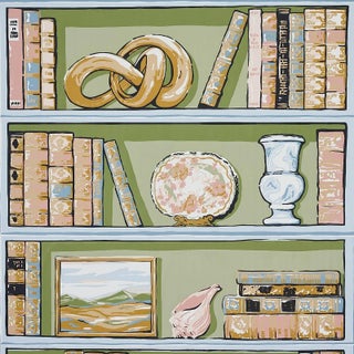 Sample - Schumacher Natalie's Library Wallpaper in Celadon For Sale