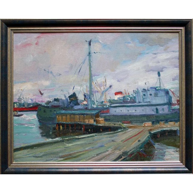 1960s Nikolajs Breikss, Port, Big Ship, 1964, Oil on Cardboard For Sale - Image 5 of 6