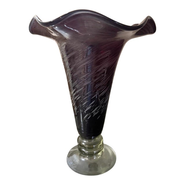 1950s Murano Pulled Feather Italian Art Glass 11in Vase For Sale