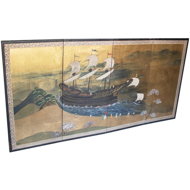 1930s "Nanban Ship at Arrival", Early to Mid Showa Era Japanese Byobu Screen For Sale - Image 5 of 18