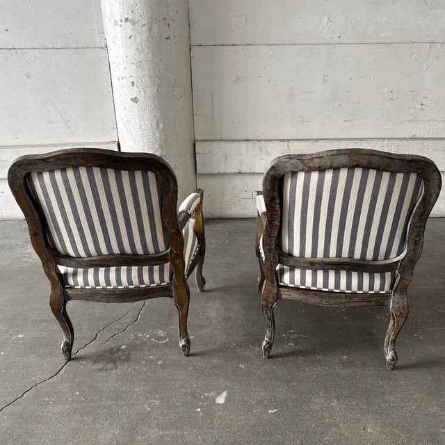 2010s French Louis XV Style Striped Fauteuil Armchairs, Pair For Sale - Image 5 of 12