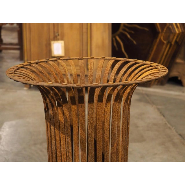 Mid 20th Century Pair of Vintage Weathered Iron Basket Form Urns From France, 20th Century For Sale - Image 5 of 12