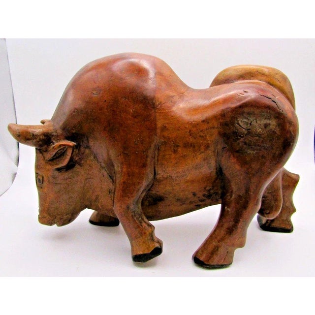 1960s Large Vintage Mid-Century Modern Hand Carved Wood Bull Sculpture For Sale - Image 5 of 11