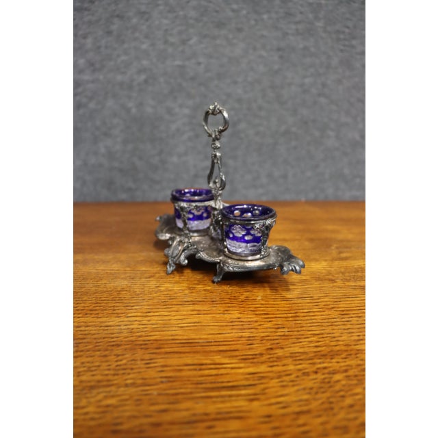Late 19th Century Double Salt Cellar With Cobalt Blue Glass Liners, Rococo Revival For Sale - Image 10 of 13