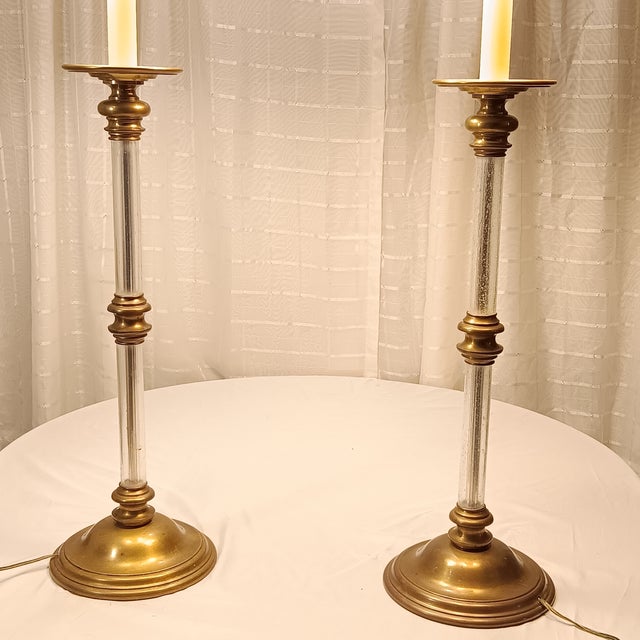 Pair of Vintage 1985 Glass and Brass Chapman Table Lamp With Lamp Shades For Sale - Image 11 of 18