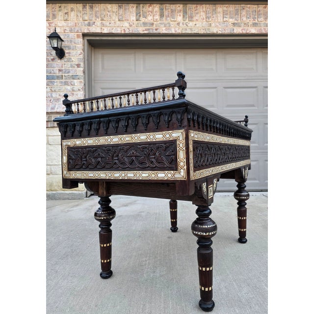 Moorish Style Antique Mother's of Pearl Inlaid Ebonized Carved Wood Library Table Desk in the Manner of Carlo Bugatti For Sale - Image 11 of 18