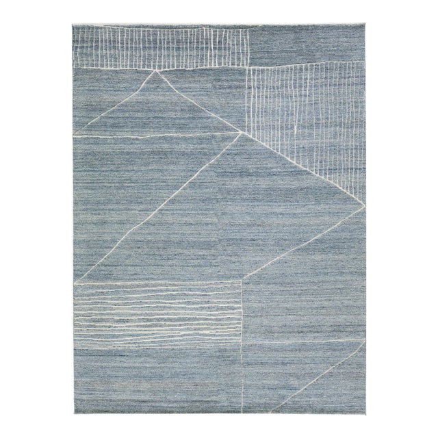 2020s Apadana's Moroccan Style Handmade Modern Wool Rug in Blue Tones For Sale
