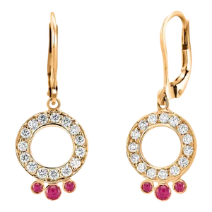 14 Karat Yellow Gold Leverback Hoop Earrings Diamond Ruby Circle 1.40 Carat - 2 Pieces