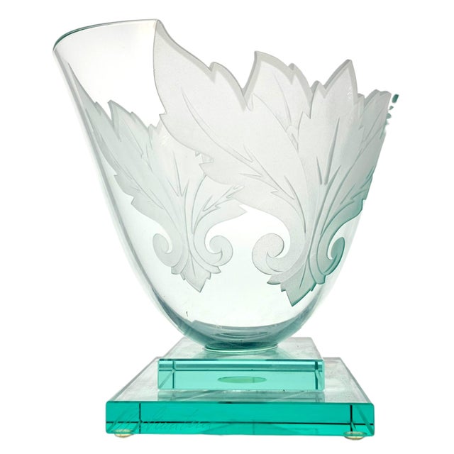 1990s Circa 1990 Robert Guenther Signed Aqua Etched and Frosted Art Glass Leaf Vase For Sale - Image 5 of 12