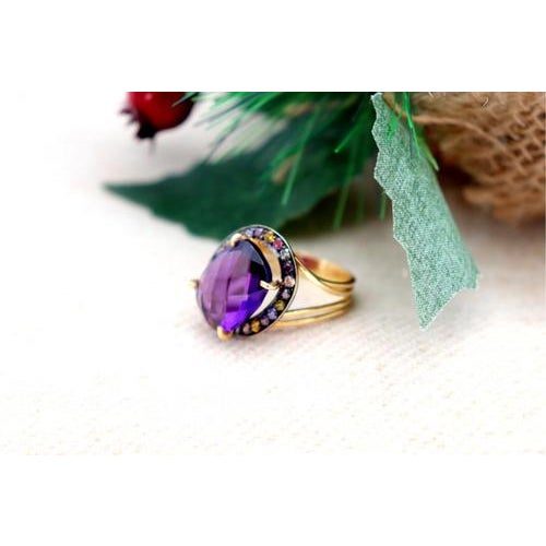 Gold Ring with Polished Tanzanites and Double Band For Sale - Image 3 of 7