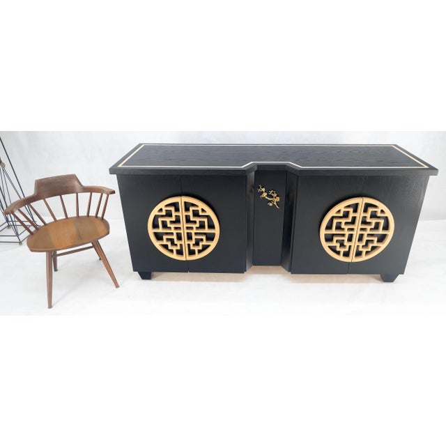 Large Asian Black Lacquer Large Carved Wood Door Pulls 8 Drawer Dresser Credenza