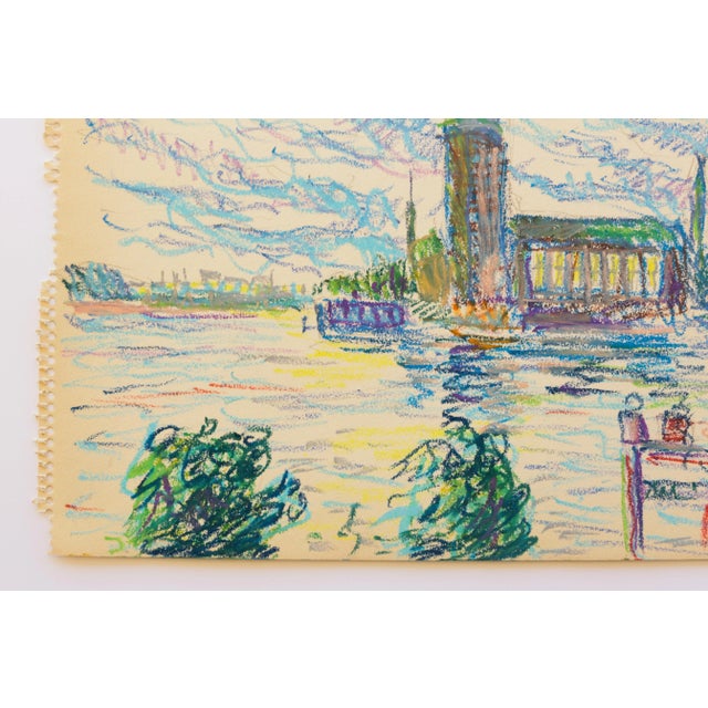 Mid-Century Swedish Folk Art Oil Pastel Drawing of Stockholm City Hall in Sky Blue, Pink, Purple, Teal, Green For Sale In San Diego - Image 6 of 18