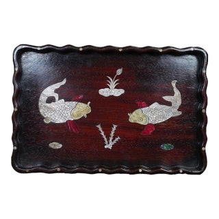 Late 20th Century Scalloped Wooden Tray With Mother-of-Pearl Koi Fish Inlay For Sale