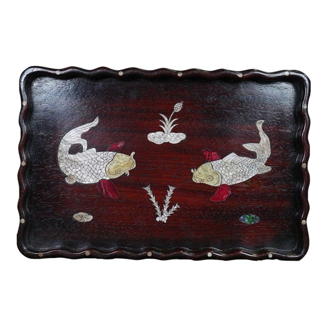 Late 20th Century Scalloped Wooden Tray With Mother-of-Pearl Koi Fish Inlay For Sale